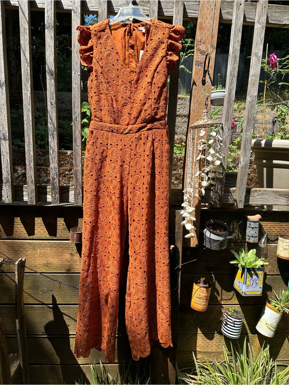 Skies Are Blue Rust Orange Eyelet Lace Wide-Leg Jumpsuit